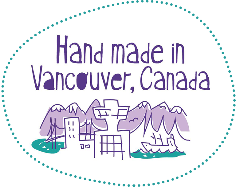 Hand-drawn city skyline with words "handmade in Vancouver"