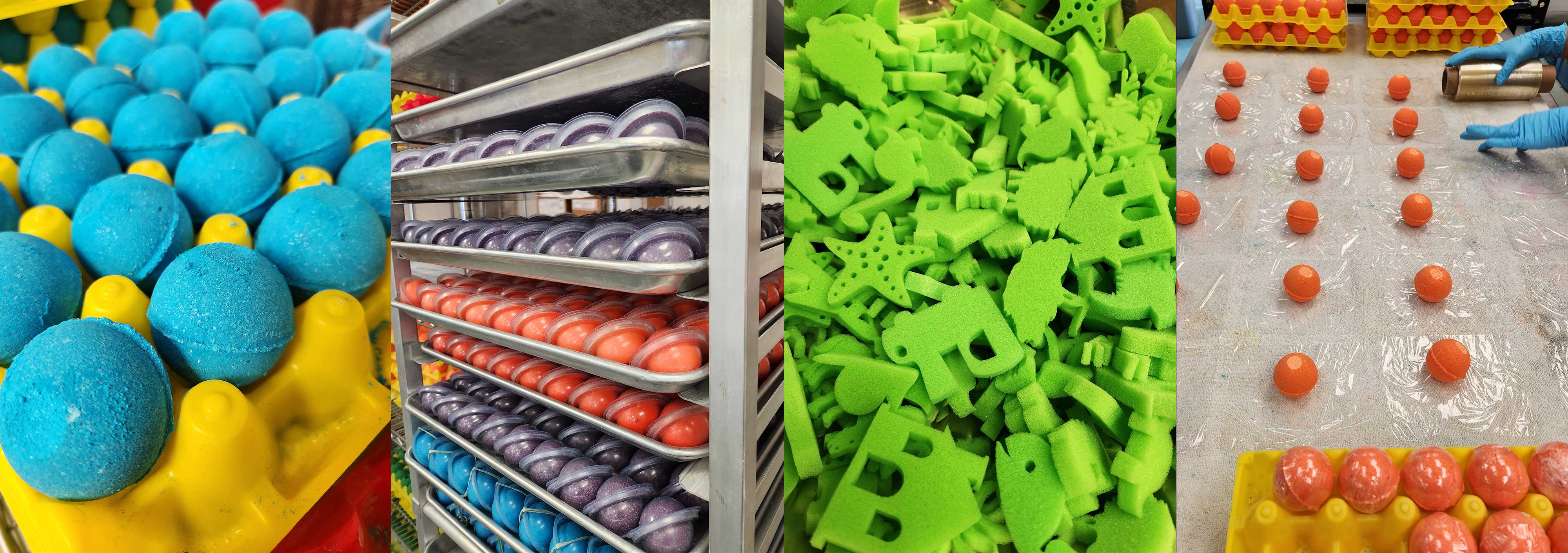 Images of bath bombs and sponge toys: freshly made, in production, sponge toys, and packaged bath bombs.