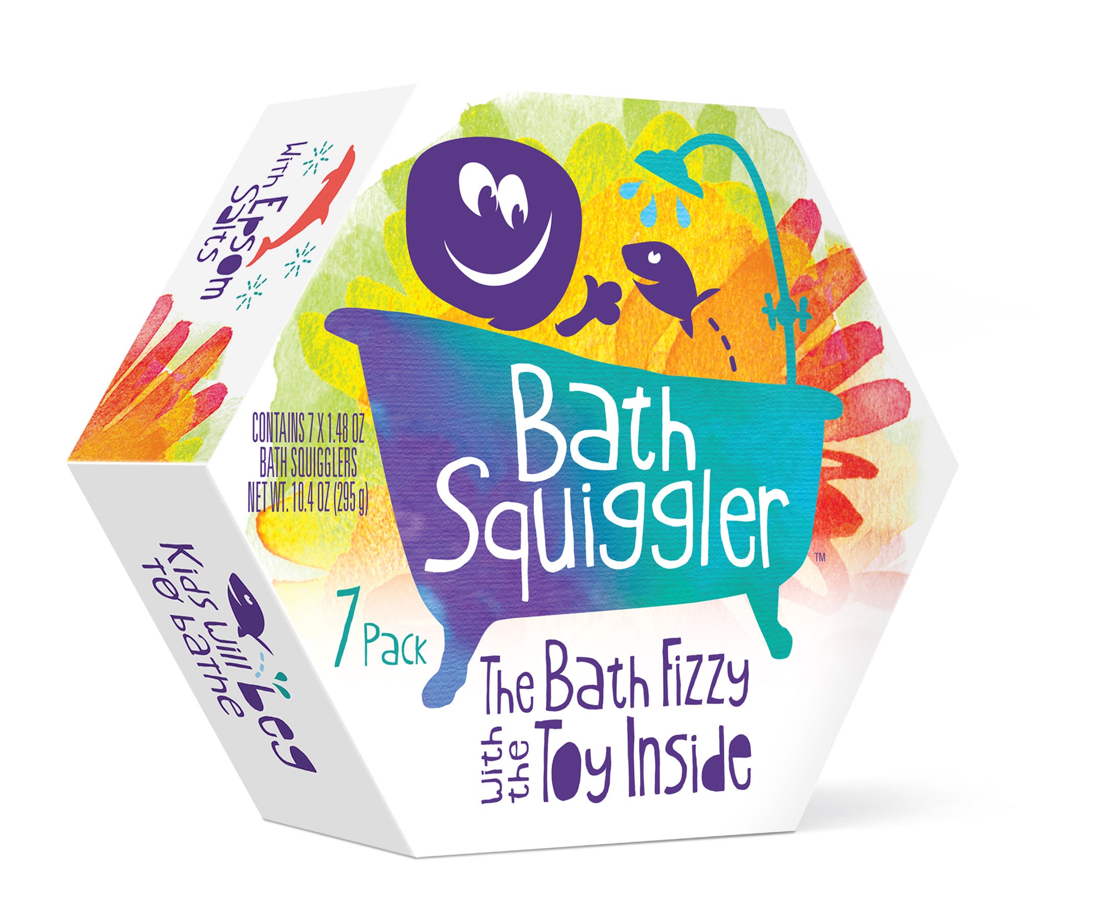 Bath Squiggler packaging that contains 7 x 1.48oz bath squigglers