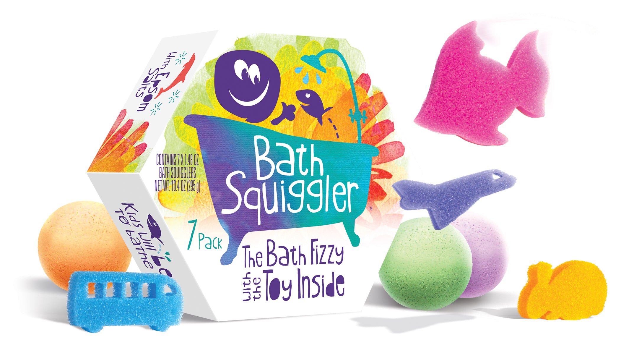 Bath Squiggler Packaging with sponge toys and bath bombs around of the package