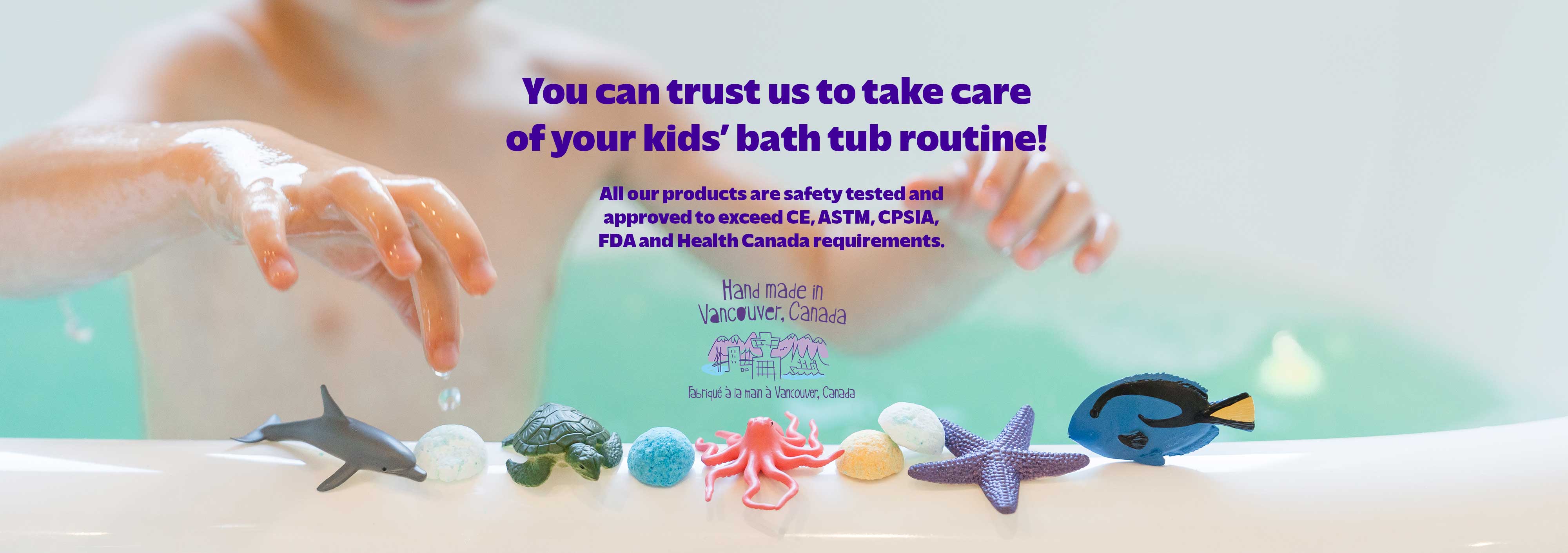 Child playing with Funky Fish Food, bath salts, highlighting that all our products are safety tested.