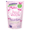 Front of Bubble Whoosh Pure bubble bath in a pastel pink packaging with whale illustrations and brand logos