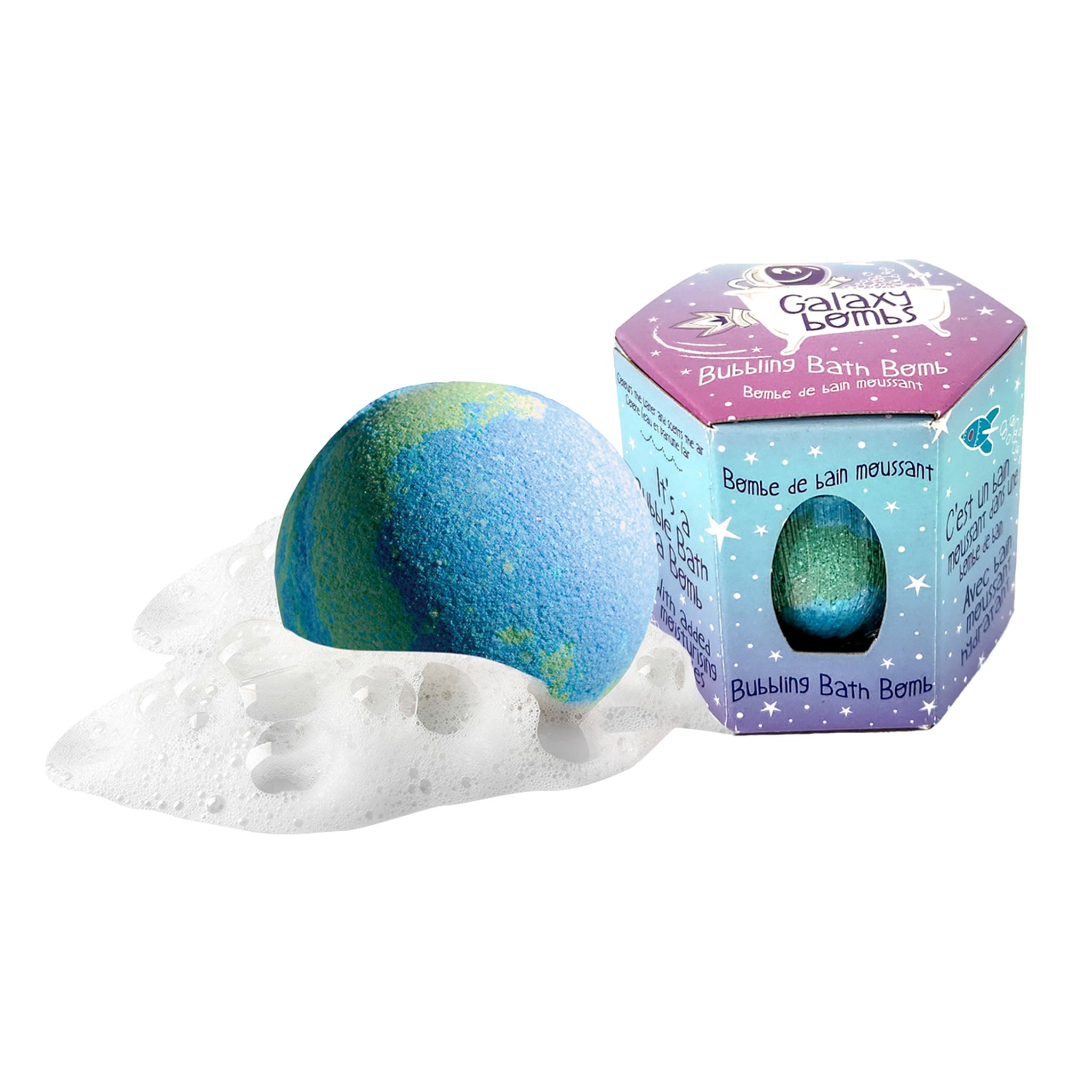 Blue and green Galaxy Bombs bath bomb next to packaging reading 'Galaxy Bombs - Bubbling Bath Bomb'.