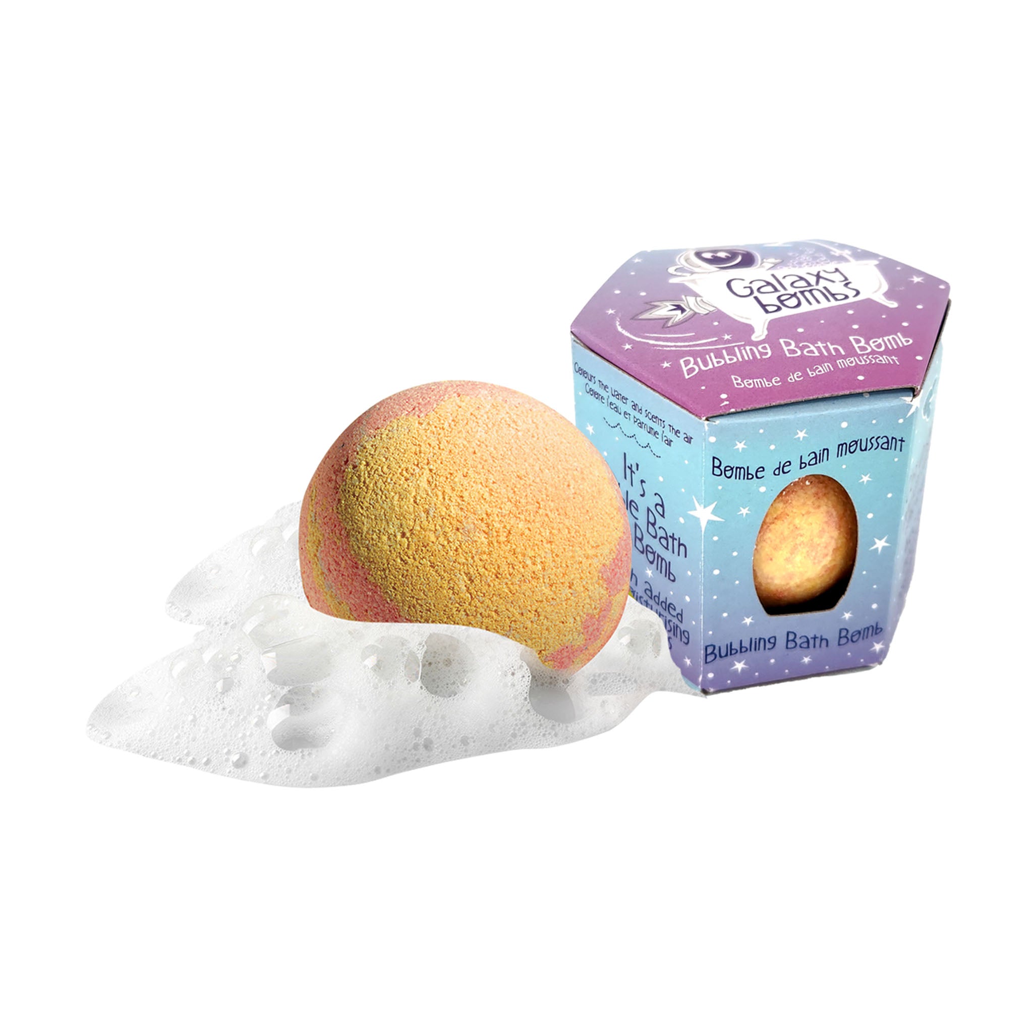 Yellow and orange Galaxy Bombs bath bomb next to packaging reading 'Galaxy Bombs - Bubbling Bath Bomb'.