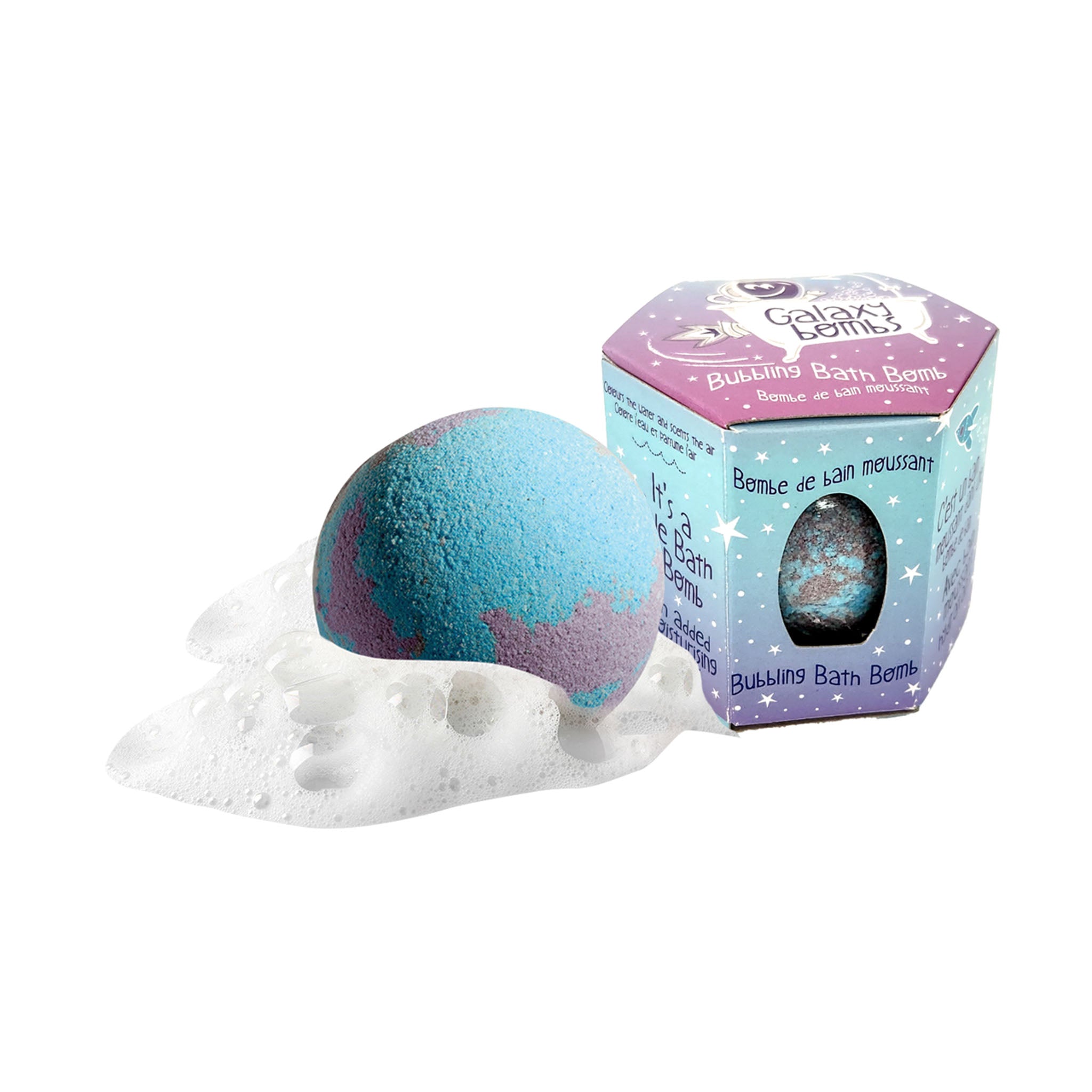 Blue and purple Galaxy Bombs bath bomb next to packaging reading 'Galaxy Bombs - Bubbling Bath Bomb'.
