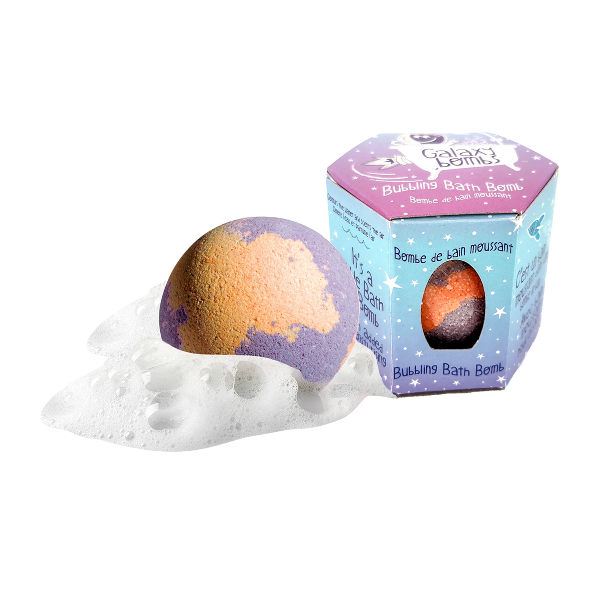 Orange and purple Galaxy Bombs bath bomb next to packaging reading 'Galaxy Bombs - Bubbling Bath Bomb'.