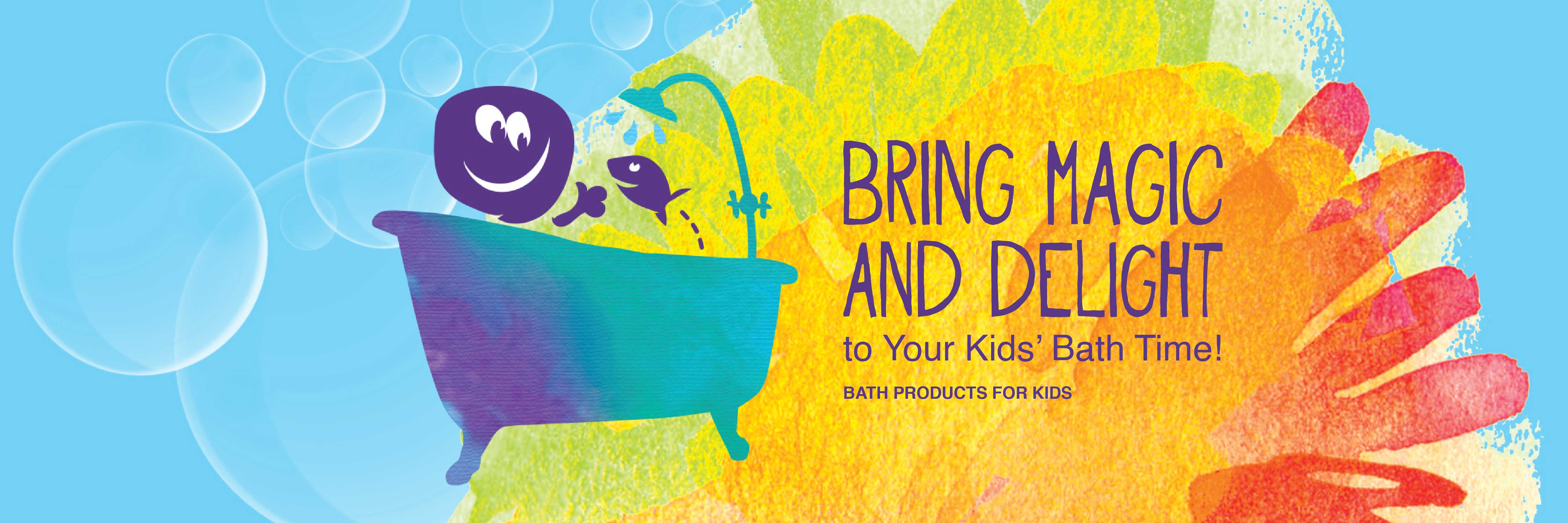Colourful banner featuring Lil Squig character in a bathtub with the text "Bring Magic and Delight to your kids' bath time! Bath products for kids"