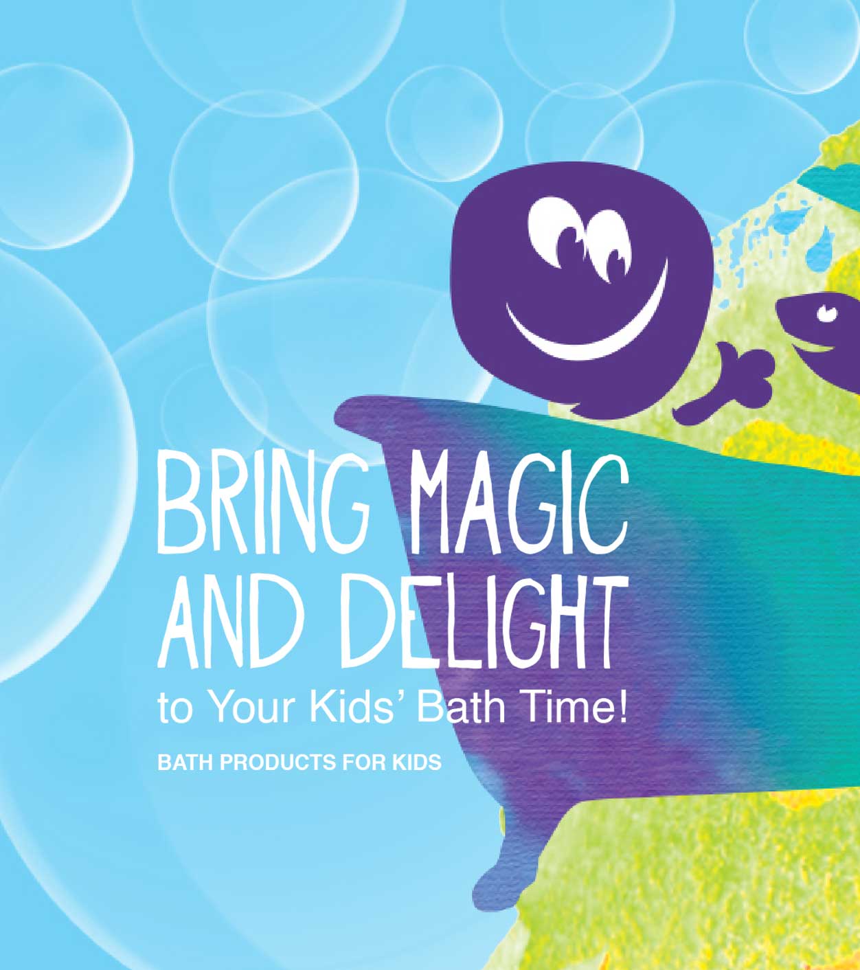 Colourful banner featuring Lil Squig character in a bathtub with the text "Bring Magic and Delight to your kids' bath time! Bath products for kids"