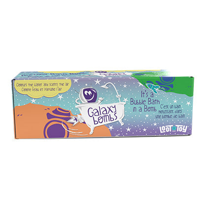 A boxed gift pack of Galaxy Bombs bath bombs with illustrations of planets and space-themed designs on the packaging.