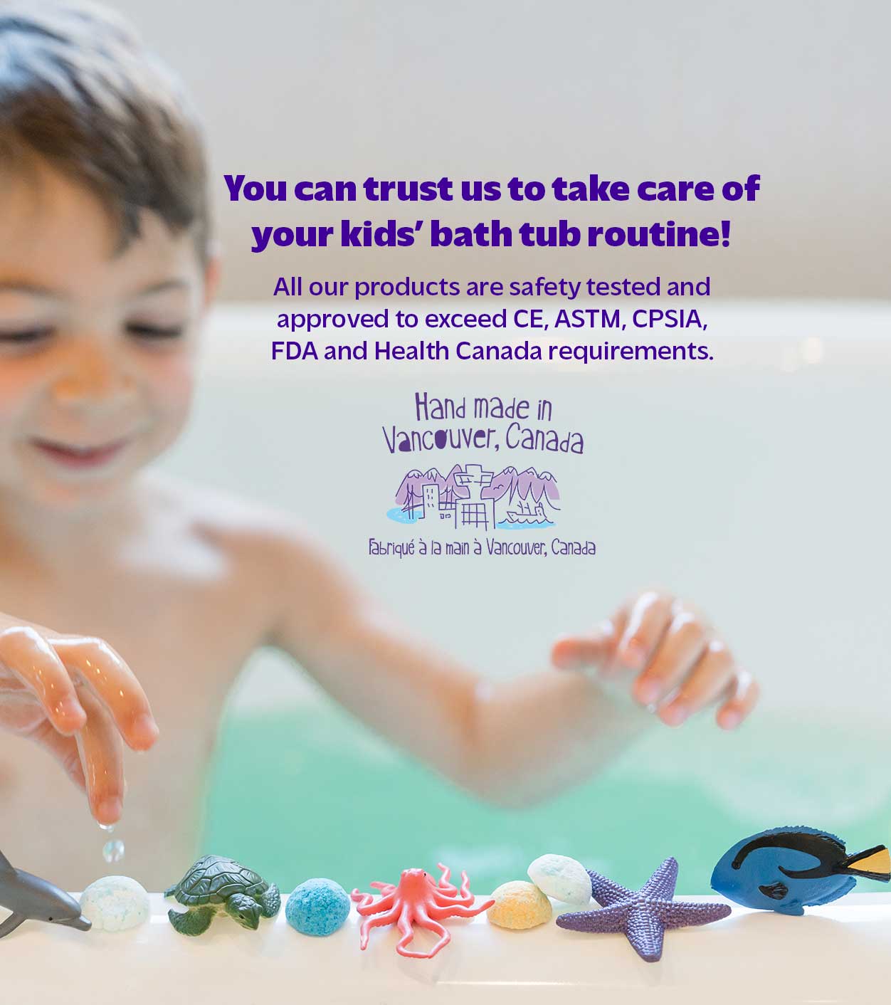 Child playing with Funky Fish Food, bath salts, highlighting that all our products are safety tested.