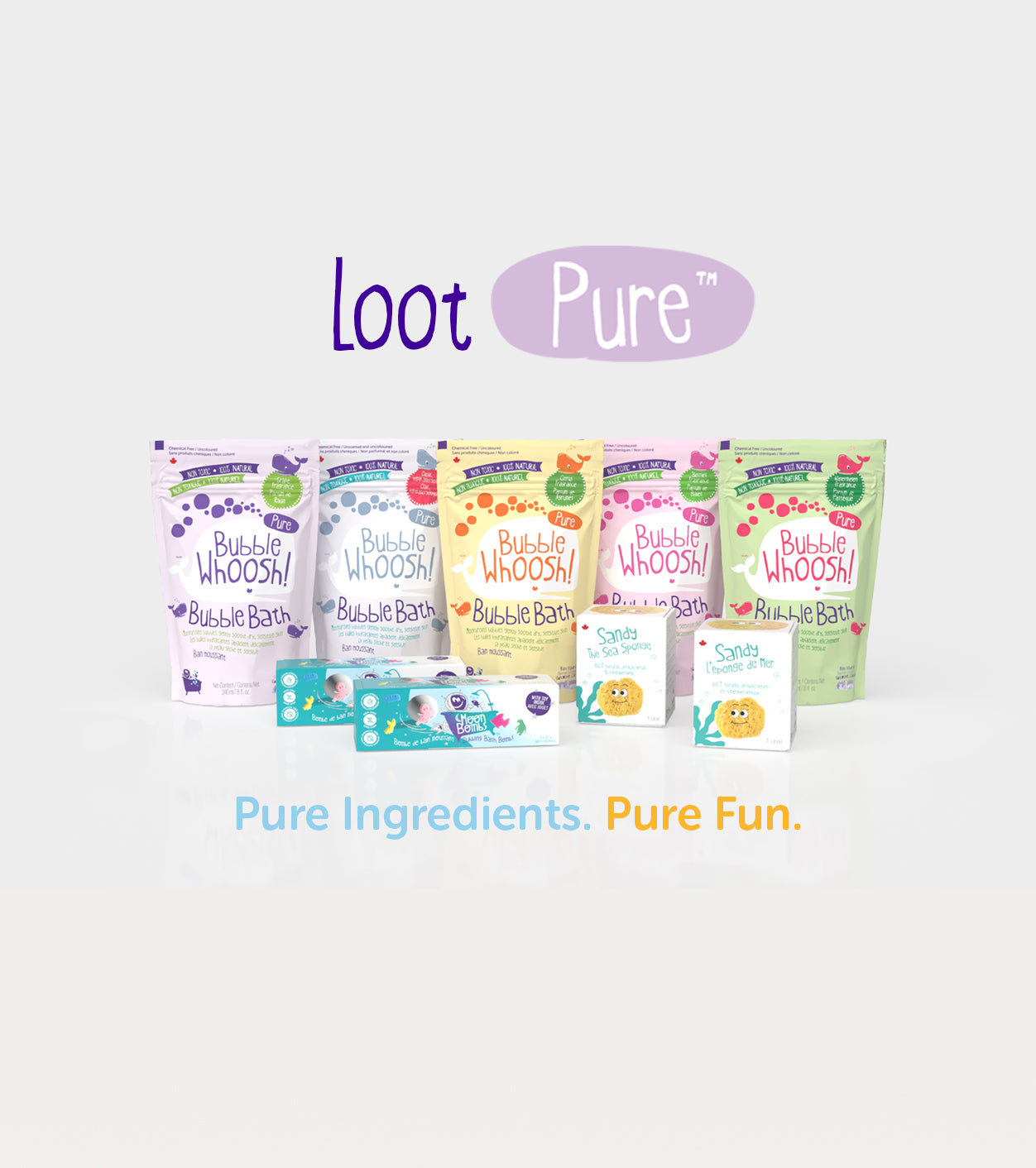 Collection of Loot Pure Products. Bubble Whoosh Pure packs, Moon Bombs boxes, and Sandy The Sea Sponge boxes on a light grey background