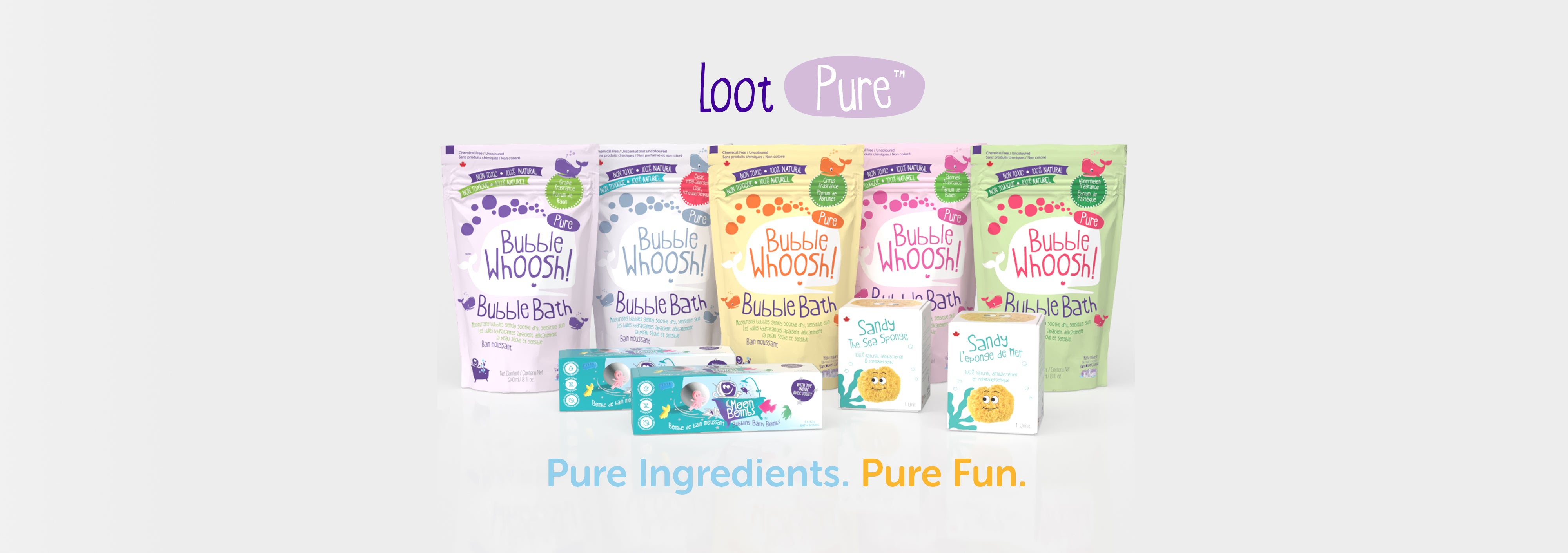 Loot Pure - New products line - Bubble Whoosh Pure packs, Moon Bombs boxes, and Sandy The Sea Sponge boxes on a light grey background