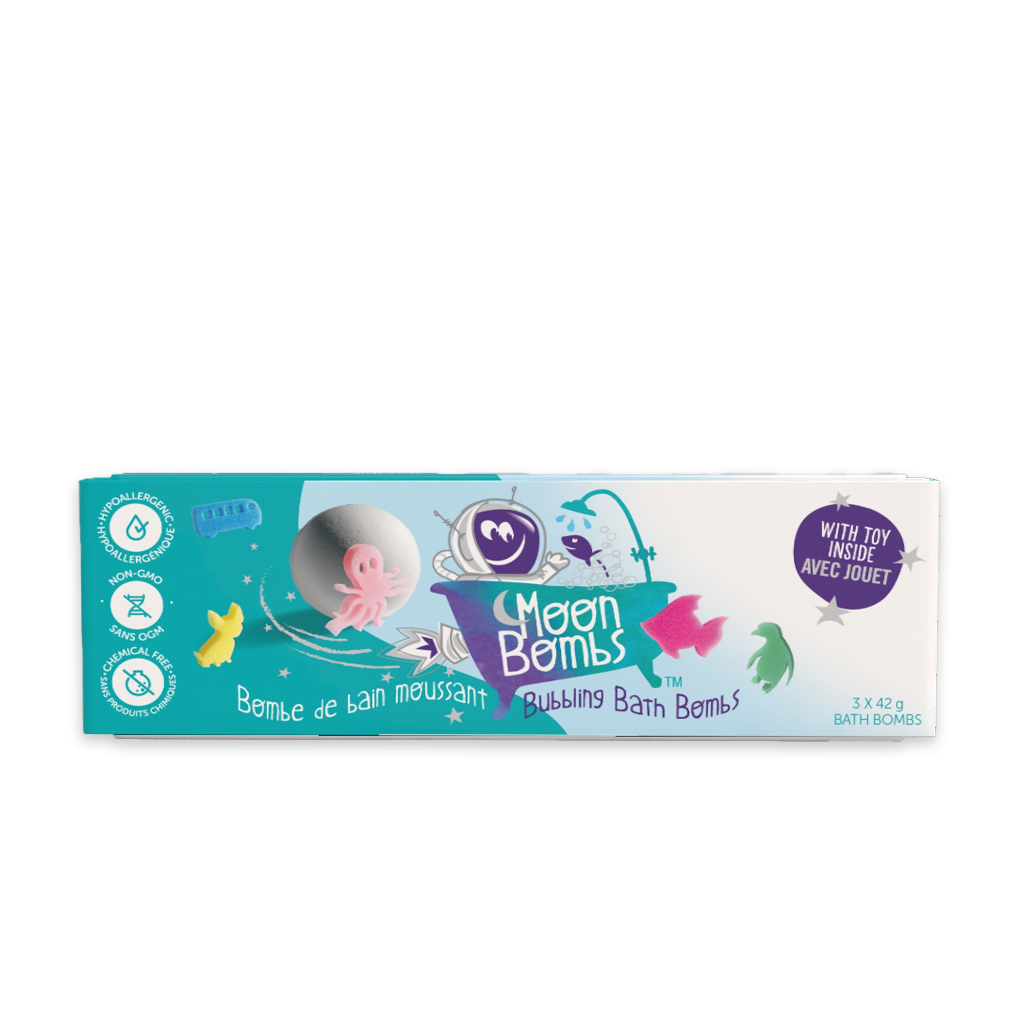 Packaging of Moon Bombs bath fizzy showing a pink sponge character that comes inside and the product description.